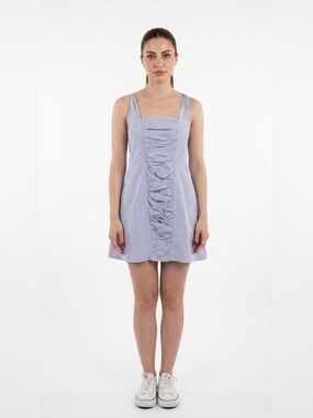 ANTHROPOLOGIE FARM RIO Blue Striped Ruched Mini Dress Tie Shoulder Women's Small